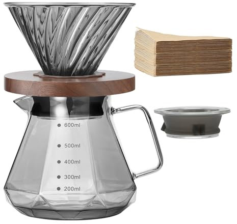 Lalord Caffettiera Pour Over, caraffa in vetro borosilicato da 590 ml, con filtro in carta V60, 80 fogli, manico in noce e coperchio per caffettiera, caffettiera a goccia per casa, bar, ristorante,