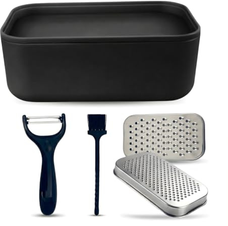 JagKul Cheese Grater Set with Container, 2 Stainless Steel Cutters, Lid, Peeler & Cleaning Brush - Kitchen Vegetables Chopper Set (Black)