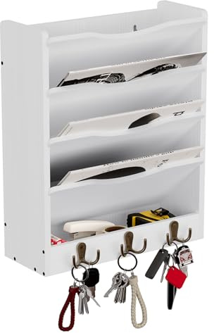 Senhoglb Zeitungshalter Wand, Hängeregister Stehsammler Holz mit 6 Haken, 5-stufiger zeitungsständer wand Prospekthalter A4 für das Home Office, Briefablage Weiß