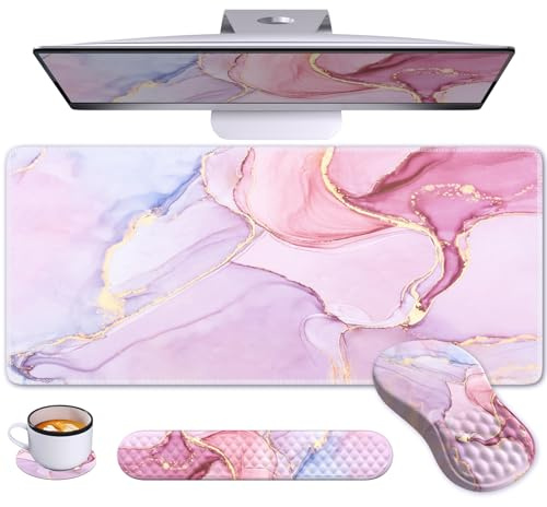 Anyshock Rosa Schreibtischunterlage, großes Mauspad mit Handgelenkauflage, ergonomische Tastatur Handgelenkstütze, Karpaltunnel-Mauspad XXL Kissen mit Untersetzer-Set, Computertastaturmatte, rosa