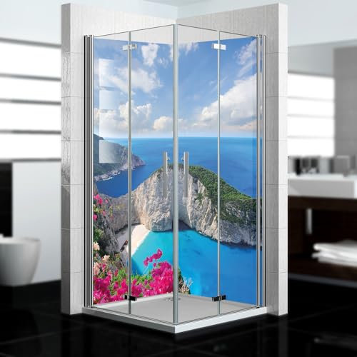 dedeco Eck-Duschrückwand wasserfest Motiv: Strand V10, UV-Lack glänzend, 2 x 100x200 cm, Badrückwand zum Fliesenersatz, als Dekorwand, Wandverkleidung und Duschplatte aus Aluminium - Made in Germany