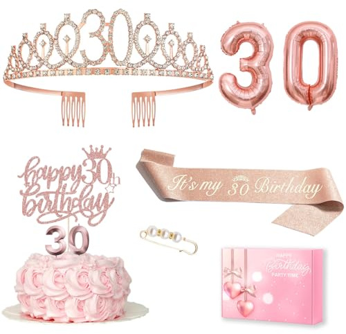 Deko 30 Geburtstag Frau, 30. Geburtstagskrone und Schärpe, Happy Birthday Tortendeko und Kerzen, Roségold Folienballon 30,Geburtstagsgeschenk für 30 Jahre Frau