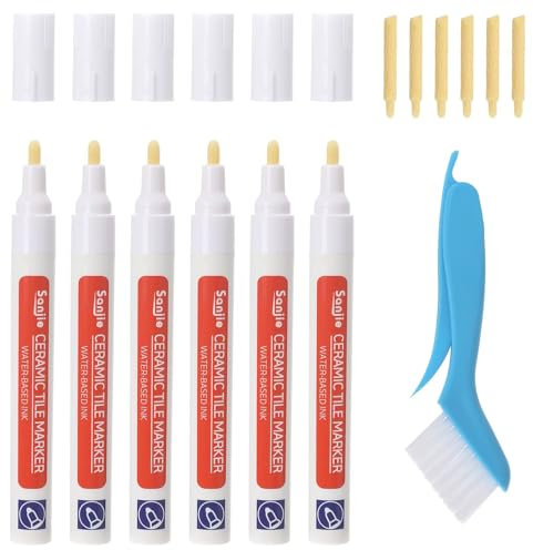 6 Grout Restorer Pen, Bathroom Tiles Grout Pen with Replacement Tip and 1 Cleaner Brush, Waterproof Anti-Mould Tile Marker, Grout Pen White for Tiles Floor Wall Bathroom Kitchen