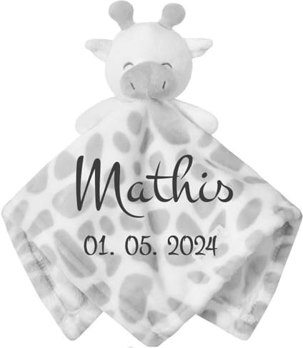 Wuff-Dogsworld Baby Kuscheltuch mit Namen & Geburtsdatum personalisiert, viele Tiermotive & Farben, Schmusetuch/Schnuffeltuch als Geschenk für Geburt & Taufe