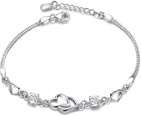 Hinvan Armband 925 Silver Dam Hjärta Armband Justerbar Zirkon Armband 925 Sterling Silver Hjärta Armband Dam Armband För Kvinnor Flickor