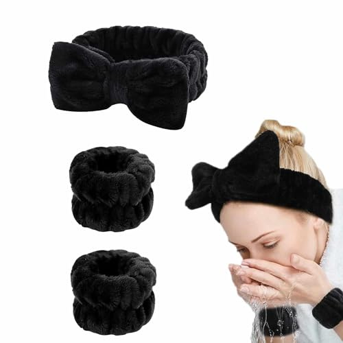 IMAXWAVE Kit de Spa para Cuidado Facial: Diadema Suave en Forma de Lazo y Muñequeras Absorbentes para Maquillaje y Tratamientos de Belleza, Ideal para Rutinas Diarias y Spa en Casa - Negro