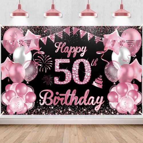50.Geburtstag Banner Rosérot Schwarz, Waylipun 50 Geburtstag Party Hintergrund Deko, Großes Stoff 50 Jahr Geburtstagsdeko Poster für 50. Mädchen Tisch Wand Dekoration Zubehör, 180 x 110 cm