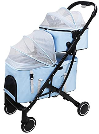 Leichte Haustier-Buggys für Hunde und Katzen, doppellagiger Haustier-Buggy, Katzen-/Hundewagen, abnehmbarer zweilagiger Kinderwagen, ideal für Zwillinge oder mehrere, atmungsaktiv (blau) (blau)