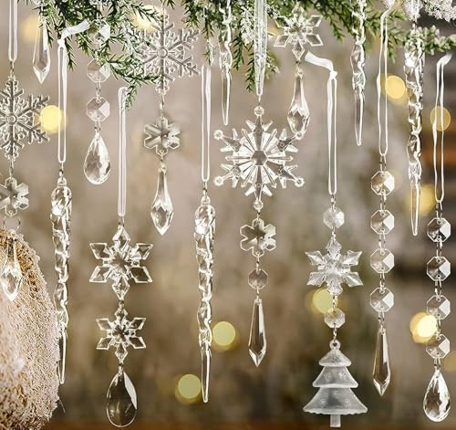 24Pcs Christmas Ornaments Crystal Christmas Tree Decoration, Hanging Clear Acrylic Snowflake Icicle Drop Pendants for Xmas tree Clear Snowflakes Decor Transparent Hanging Decorations