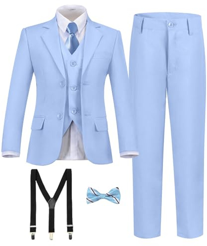 Formeller Anzug für Jungen, 7-teilig, schmale Passform, Smoking für Kinder, Teenager, Jungen, Jacke, Weste und Hose, Set für Hochzeit, mit Hosenträgern mit Fliege, Hell, blau, 12