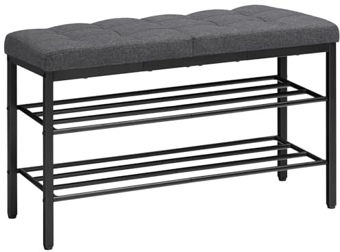 HOOBRO Schuhbank mit gepolsterter Sitzfläche und 2 Ablagen, Schuhregal mit Sitzbank, Schuhbank für Flur, Schlafzimmer, Büro, Grau und Schwarz EBGZ95HX01