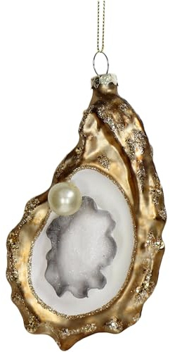 Christbaumschmuck 14cm Glas - Muschel mit Perle Figur zum Aufhängen - handbemalt & mit Glitzer - Weihnachtsbaum Anhänger für Weihnachten - Christbaumanhänger & Weihnachtsbaumschmuck - Auster Gold