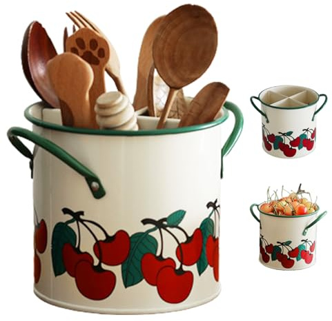 Jorzer Kitchen Utensil Holder Vintage Cherry Painted Utensil Caddy with Detachable Divider 4 Compartment Iron Utensil Organizer with Drain Hole Retro Kitchen Accessories