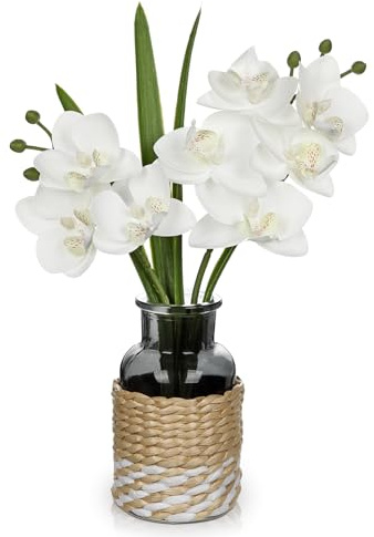 Arborus Fake Orchid with Boho Glass Vase 29cm White Orchid Artificial Flowers in Woven Black Glass Vase Faux Phalaenopsis Orchids for Wedding Tables Centerpieces Farmhouse Bathroom Shelf Home Decor
