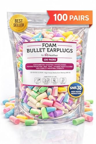 Heather UK Safe Soft Foam Bullet Earplugs - 100 Pairs - Noise Cancelling Ear Plugs for Sleep, Snoring, Studying, Motorcycle, Swimming - Disposable Foam Earplugs - 38dB SNR - Multi-Color