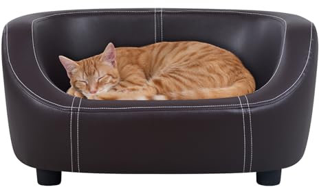 Hundebett, Hundesofa, Katzenbett, Haustiersofa, Katzensofa, Haustiercouch, mit Holzrahmen und PU-Leder und waschbarem Kissen, für kleine Tiere (braun)