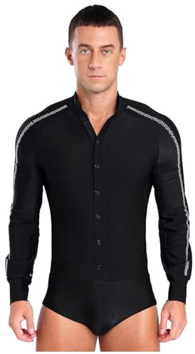 LNJMRU Mens Latin Ballet Dance Leotard Competition Costume Raglan Sleeve Stand Collar Button Sparkly Rhinestones Leotard(Black,S)