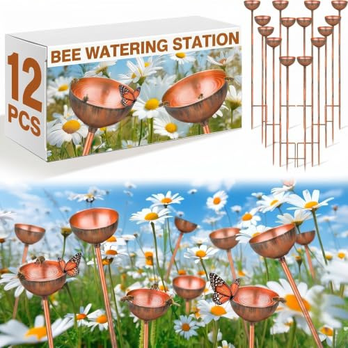 Teenyyou 6 Pcs Bee Watering Station for Garden Bee Metal Watering Cups Butterfly Water Feeder Small Insects Bath Bowl Cups Metal Stakes for Outdoor Garden Decor, Copper