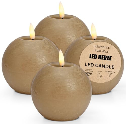 LED Kerzen Kugeln 4er Set aus Echtwachs mit Timerfunktion inkl. Fernbedienung - Kerzen realistisch flackernde Flamme warmweiß Ø 10 x 9 cm - Elektrische Wachskerzen in beige als gemütliche Tischdeko