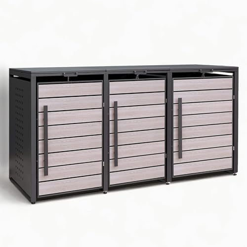 Mülltonnenbox 3 x 240L Mülltonnen oder Kleiner in Anthrazit & Holzoptik | Müllcontainer für 3 Tonnen wetterfest abschließbar | Abfallbehälter | Tonnenhaus | Müllbox