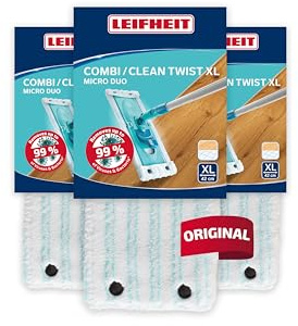 Leifheit Lot de 3 housses Clean Twist ou Combi XL micro duo, housse de rechange en microfibres pour balai à plat Combi, housse nettoyante et absorbante pour balai serpillère | Housse en microfibre Micro duo, 42 cm de largeur, fixée par boutons-pression, lavable en machine jusqu'à 200 fois à 60 °C