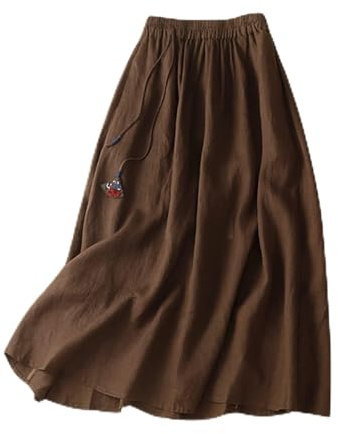 2025 Falda de algodón casual suelta para mujer una línea media falda media falda larga de lino para mujer Faldas largas para boda, café, L