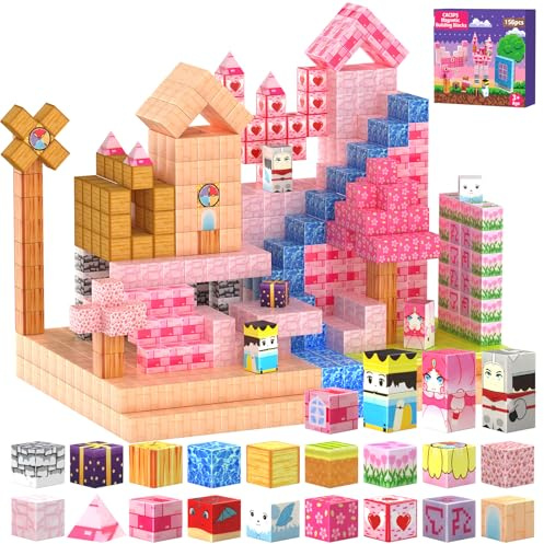 CACSPS 156 Stück Magnetische Bausteine, Magnetblöcke für Kinder ab 3 4 5 6 7 8 9 Jahre, Kreatives Konstruktionsspielzeug mit 2,5 cm Würfeln Verstaubar für Jungen & Mädchen (Schloss-Serie)
