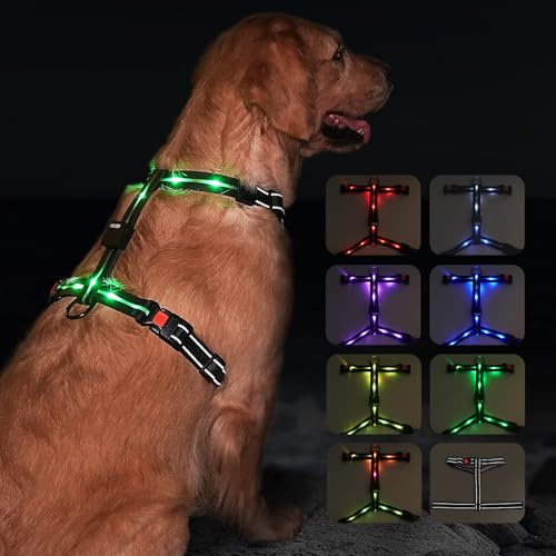 hamraba Light Up Dog Harness, No Pull Led Dog Harness with 10 Lighting Modes for Night Walking, Rechargeable Lighted Safety Vest for Medium Large Dogs，Adjustable Soft Nylon-Like Material (L)