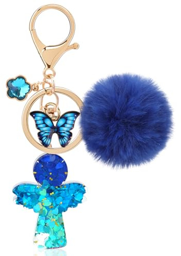 MWOOT Azul Mariposa Pompon para Llaveros Angel, Resin Keychain Mosqueton, Bonitos Llaveros para Mujer, Keyring Regalos para Amigas, Backpack Charms Keyring Charm Mochilas Colgante Decorativa