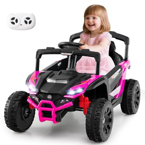 GOPLUS Coche Eléctrico para Niños 12V con Control Remoto, Vehículo Todoterreno Eléctrico con Volante y Salpicadero, Coche Eléctrico con Música, Bocina y Faros, Carga Máxima 30kg, 3+ Años (Rosa)