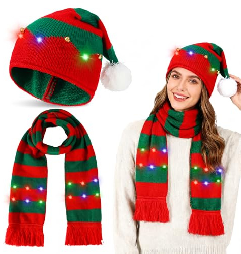 Beipegin Schal und Weihnachtsmütze LED Sets,Weihnachtsschal Santa Mütze mit Licht Strickmützen Winter Warme Häkel Weihnachtsfeier für Herren Damen