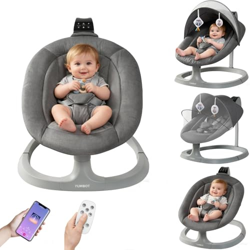 YUMBOT Elektrisk Babygunga,Babysitter för Barn upp till 12 kg med,mobil appkontroll och fjärrkontroll,3 Lutningslägen,Musik,Tyst Drift,5-punktsbälte & Tvättbart Överdrag,Mörkgrå