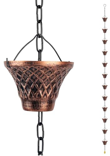 Glugahrif Regenkette - 2,7 Meter Kupfer Dekorativ Abfluss Verlängerung Adapter - 12 Tassen Kupfer Regenkette - für Haus Garten Pavillon Dach Vordach Baum