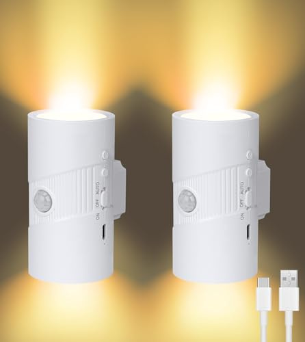 Motion Sensor Night Light, 2 Pack USB Rechargeable Night Light with No Plug, 3 Colors Modes, 4 Levels Brightness, 360°Rotatable, Magnetic Stick-On Wall Lights for Hallway, Stairs, Bedroom, Bathroom
