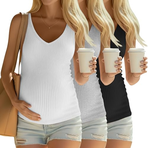 Sweetyweee 3 Pack Maternity Tank Tops Ribbed V Neck, 3-Color M | 92% Cotton Ribbed Knit, Summer Sleeveless Shirts, Pregnancy V Neck Tank Tops, Women's Maternity Stretchy Soft Clothes