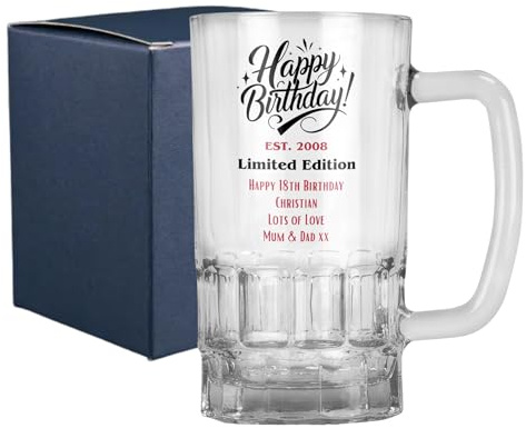 Personalised Limited Edition Birthday 20oz Pint Glass Beer Mug Tankard Stein Gift 18th 21st 30th 40th 50th 60th 70th 80th - Dishwasher Safe (Print with Handle on Right, Cardboard Gift Box)