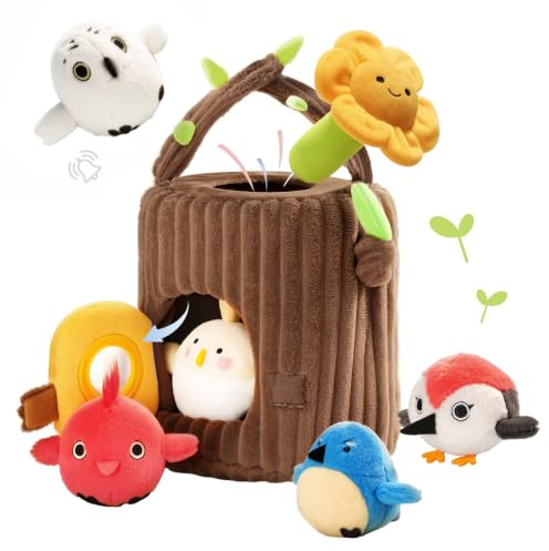 Evoceler Baby Spielzeug 6-12 Monate, Weicher Baby-Baumstumpf mit 5 Vögeln und Einer Blume - Rassel, Knisterpapier, Spiegel, Montessori Sensorik Lernspielzeug Ostergeschenk für Jungen Mädchen