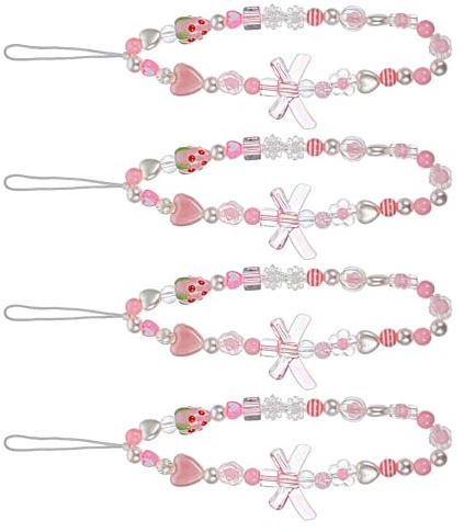 Operitacx 4 Piezas Correa Corta para Smartphone con Cuentas de Fresas y Corazón, Pulsera para Teléfono Móvil, Cadena Decorativa para Bolso, Cámara y Llavero, Accesorio Práctico para Mujer