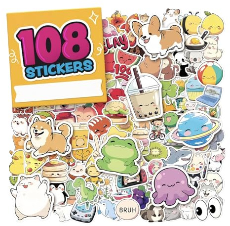 108PCS Water Bottle Stickers, Cute & Waterproof Vinyl Stickers, Easy Peel and Reusable Cartoon Animal Sticker, Teacher Reward, for Scrapbook, Laptop, Phone Case, Stickers for Adults and Adolescents