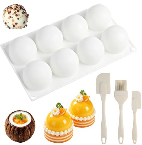Silikonform Kugel mit Silikonbürsten und Teigschaber, Ø 64 mm 8 Löcher | Silikon Backform, Halbkugel, Antihaftbeschichtung, 3D, Groß, für Pudding, für Kuchen Deko, für Schokoladenkugel