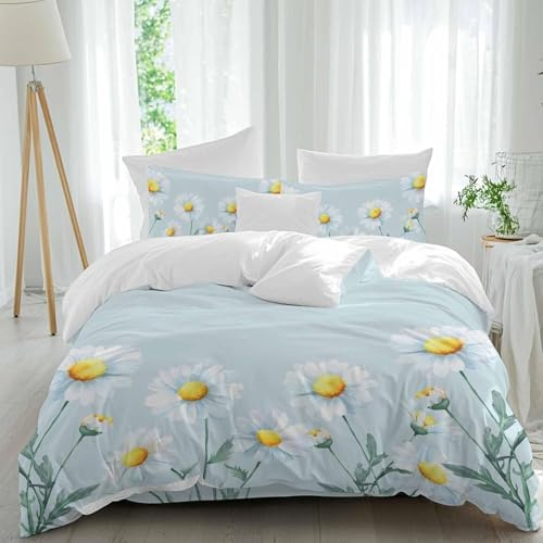 Housse de Couette 280x260 Marguerite Parure de Lit 2 Personnes Style Pastoral Frais Imprimée 3D Microfibre Literie Set 3 Pièces avec Housses Couettes et 2 Taies d'oreiller F-349