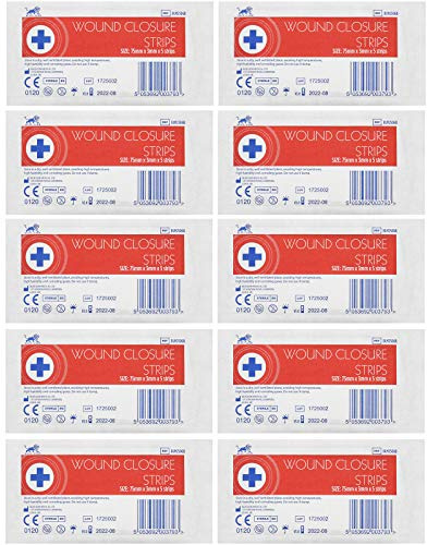 Blue Lion 3mm x 75mm Sterile Wound Closure Skin Stitch Adhesive Wound Strips Sutures - 10 Pack (50 Strips)