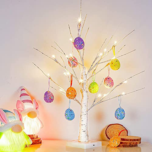 Easter Decorations kemooie 24 Inch Pre-lit White Birch Tree with 10 Hanging Easter Egg Ornaments, 24 Led Lights Battery Operated Spring Table Centerpiece for Party Birthday Home Spring Decoration