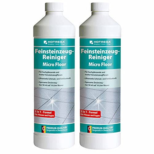 HOTREGA Feinsteinzeug Reiniger Micro Floor 2L | 2-in-1 Konzentrat für | Bodenreiniger gegen Fett & Gummiabrieb | Reinigt Keramik- oder Epoxidharzböden | Bis 1000m² Ergiebigkeit | Made in Germany