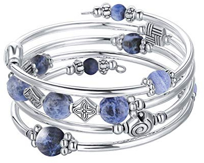 Bulinlin Damen Wickelarmband aus Natur Achat Stein Mehrschichtiges Perlen Silber Armkette Valentinstag Modeschmuck Geschenk