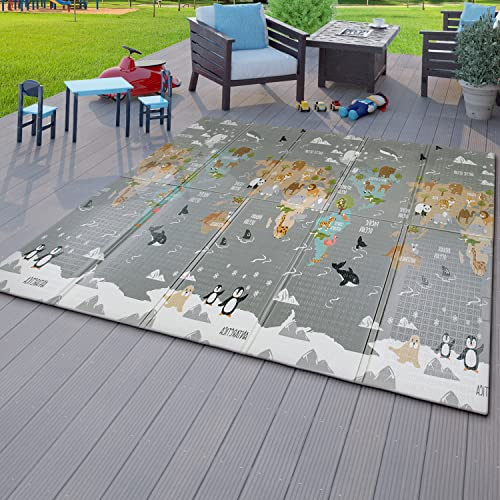 TT Home Kinder Matte Faltbar Spielmatte Baby Krabbelmatte Tier Motiv Abwischbar Weltkarte, Farbe:Grau Grün Beige, Größe:150x200 cm