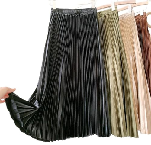 Gothic Metallic Black Pleated Long Skirt Vintage High Waisted A Line Satin Skirts Womens Korean Style Winter