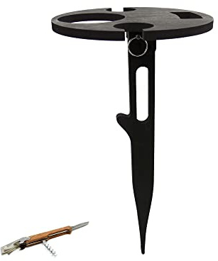 UNUS Garden Weintisch klappbar Outdoor, Weinhalter aus Bambus Holz, schwarz Weinglashalter für Picknick, Camping oder Garten, inklusive Taschenmesser mit Korkenzieher und Flaschenöffner