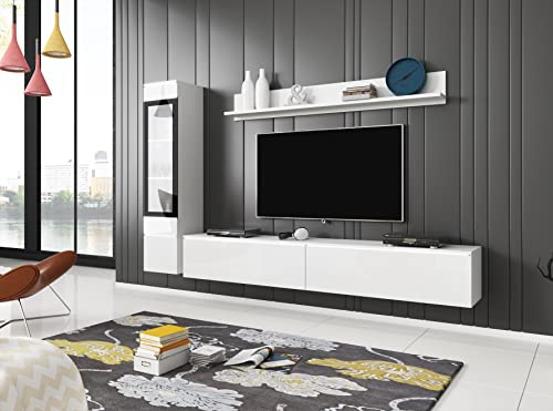 MINIO go for it - Wohnwand 3-Teilig Set Veve 1, Hängend/Stehend - ohne LED | Hochschrank-Vitrine, Lowboard, Wandboard, Laminierte Spannplatte, Weiß und Weiß Gloss