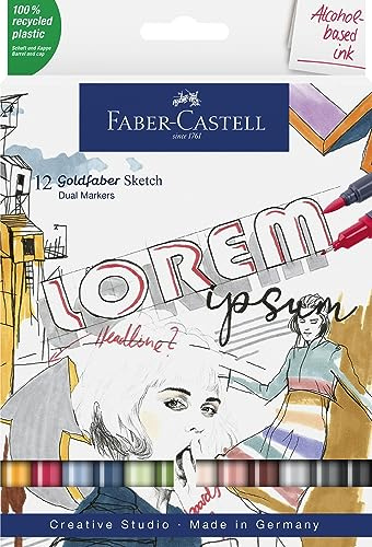 Faber-Castell 164712 – Goldfaber sketch märkpennor set, alkohol märkpenna – tvillingmärkpenna för serier manga kalligrafiteckning, 12 fodral alkoholmärkpenna med borste spets och fineliner spets